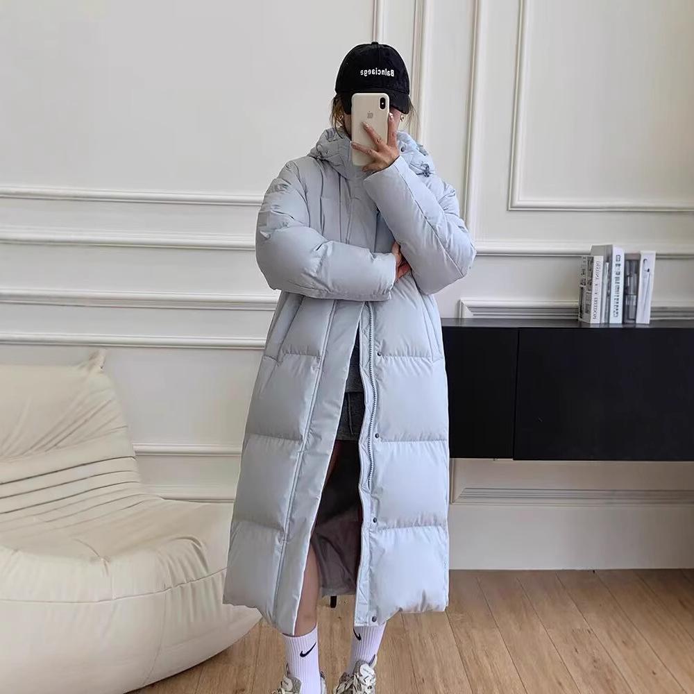 Winter 2024 neue lange Knie-Daunenjacke Damen weiße Entendaunen verdickte Kapuze lose Studentenjacke Flut