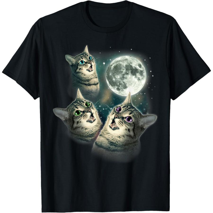 Funny Cat Shirt _ Three Cat Moon 3 Wolfs Cute Kitten Graphic T-Shirt S