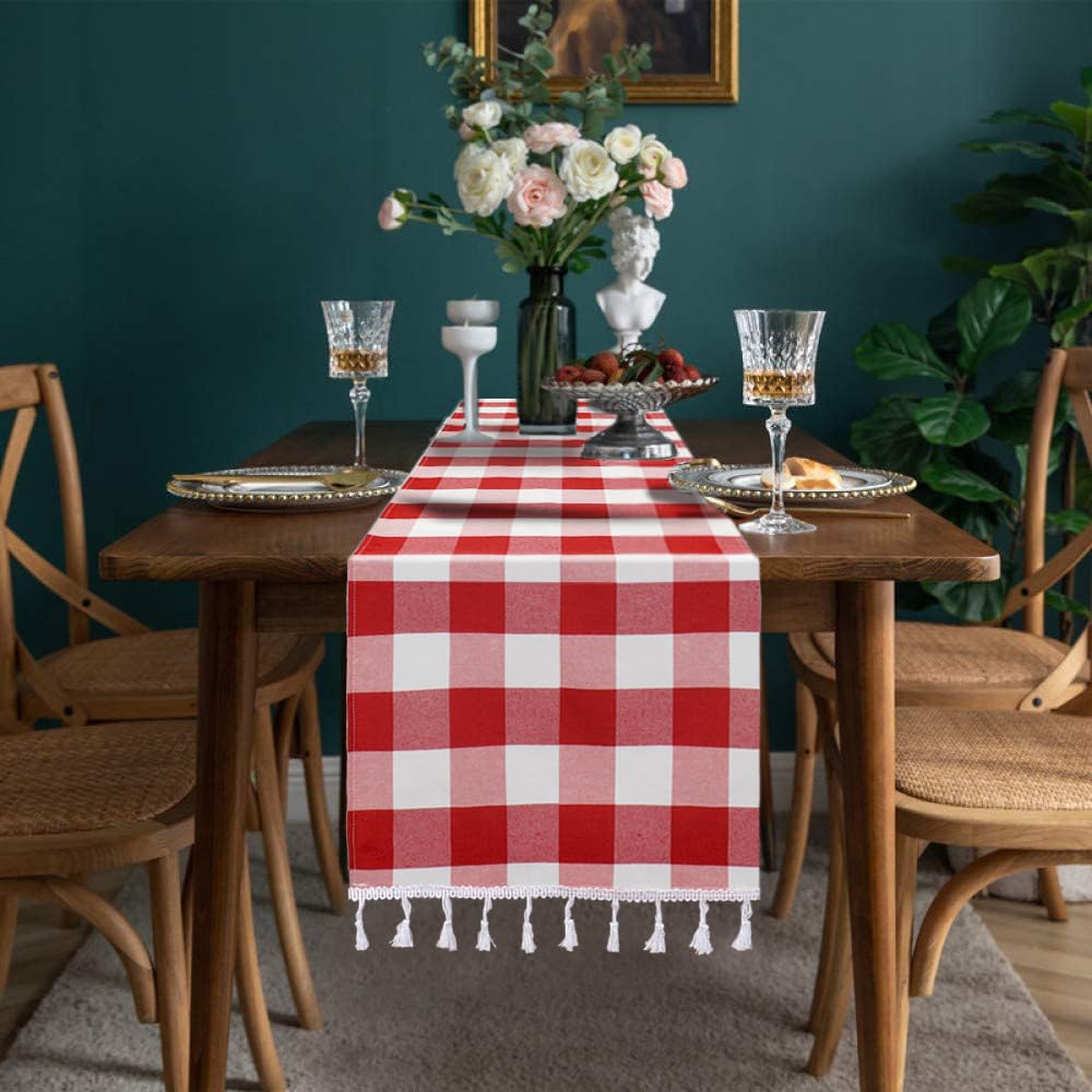 Checkered Table Runners Tablecloth Plaid Fabric with Tassels Gingham for Table Outdoor Indoor Wedding Birthday Party Christmas