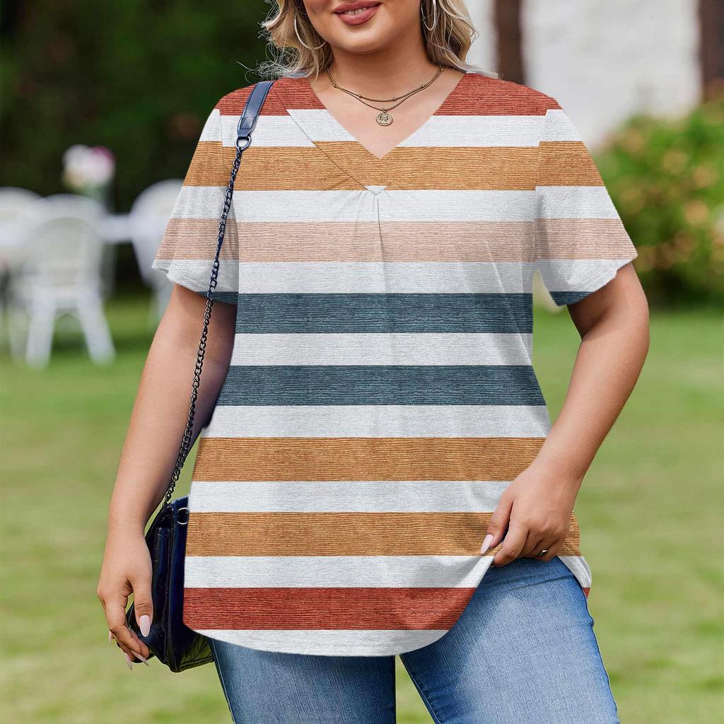Women's Plus Size Fashionable Casual Loose-Fit Short Sleeve Elegant V Neck Blouse For Work