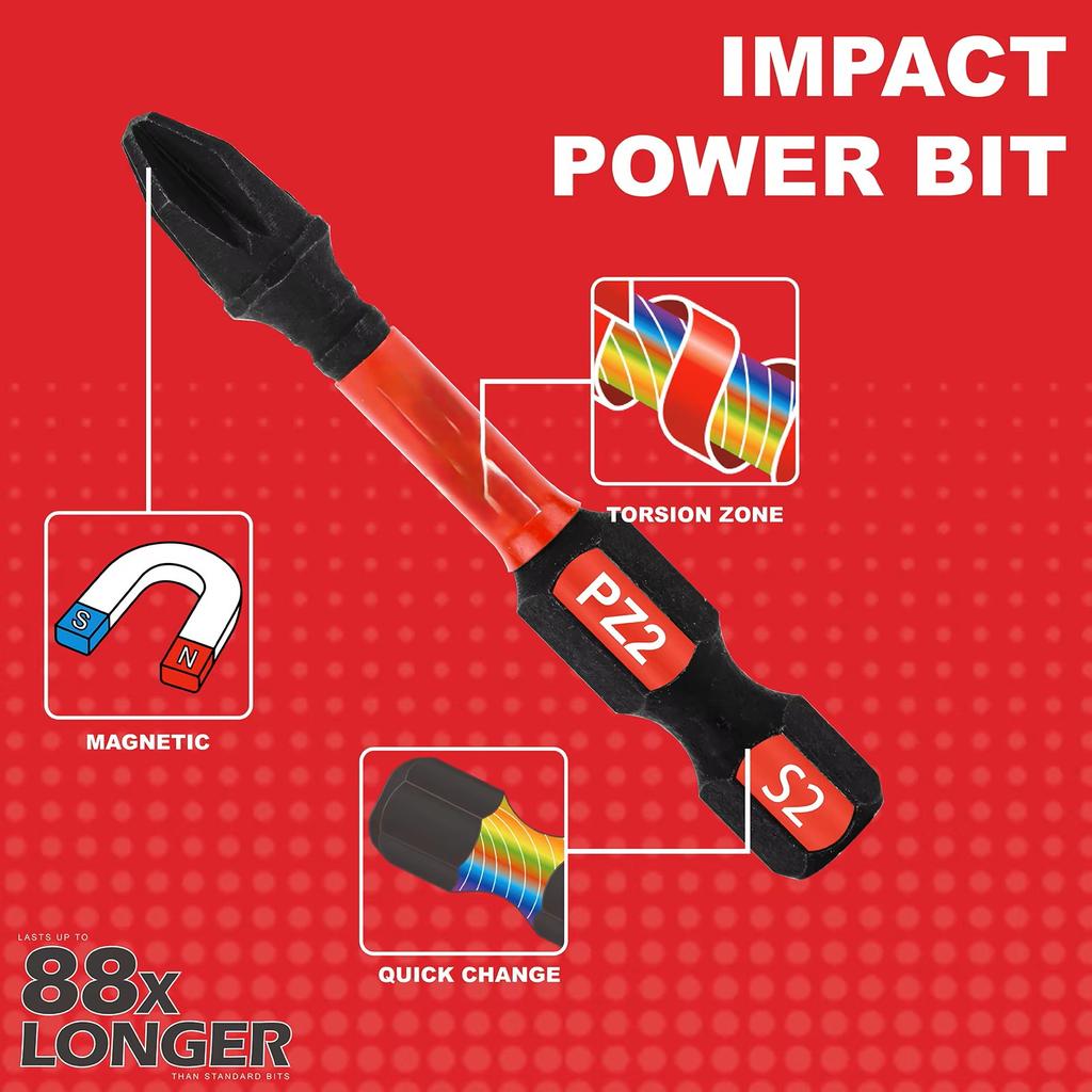 Pozidriv #2 PZ2 Impact Tough Screwdriver Power Bit Set, S2 Alloy Steel Bit with Storage Organizer
