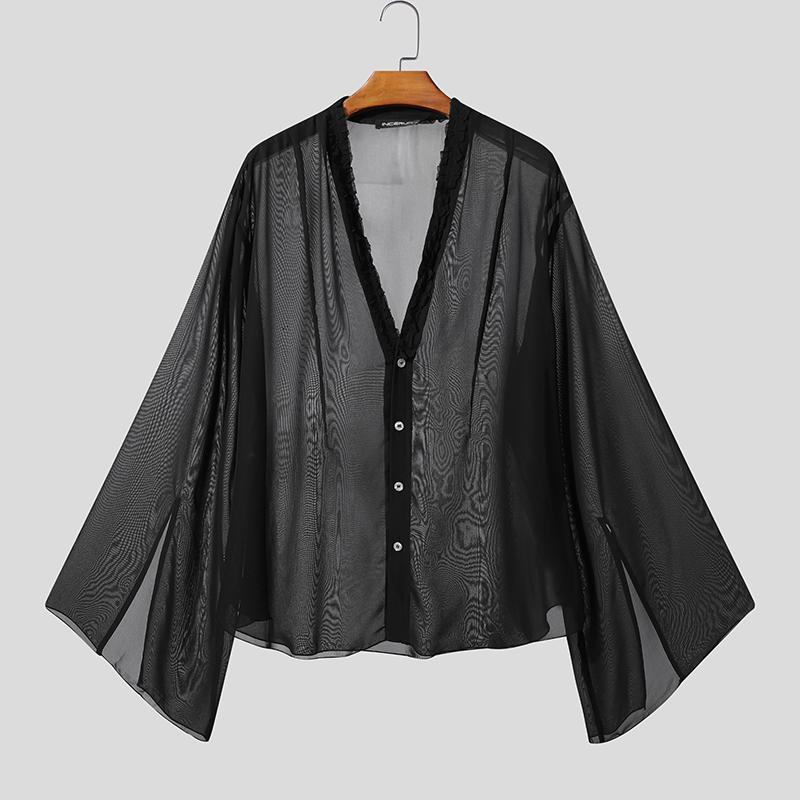 

INCERUN Мужские топы с V-образным вырезом, длинным рукавом, пуговицами и прозрачной сеткой, для вечеринок, прозрачные рубашки L чёрный