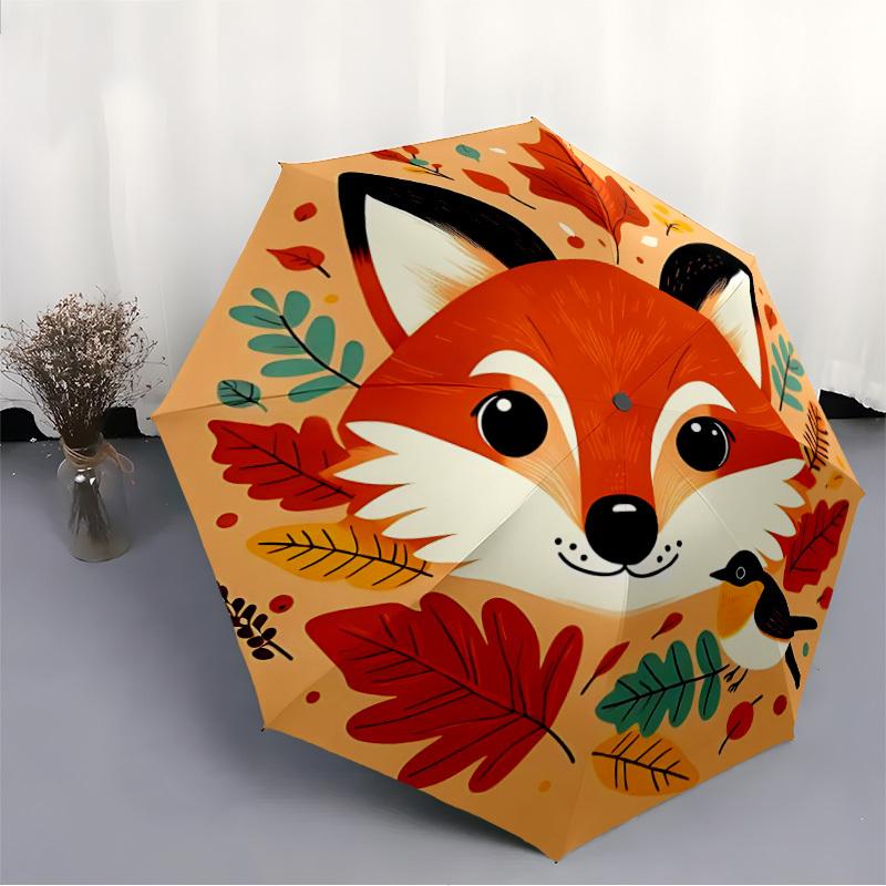 1pc Autumn Fox Forest Friend Adventure Auto Open/close, 8-Rib Iron Frame, Compact Folding Cute Umbrella All-Season Portable Umbrella for Travel0104013