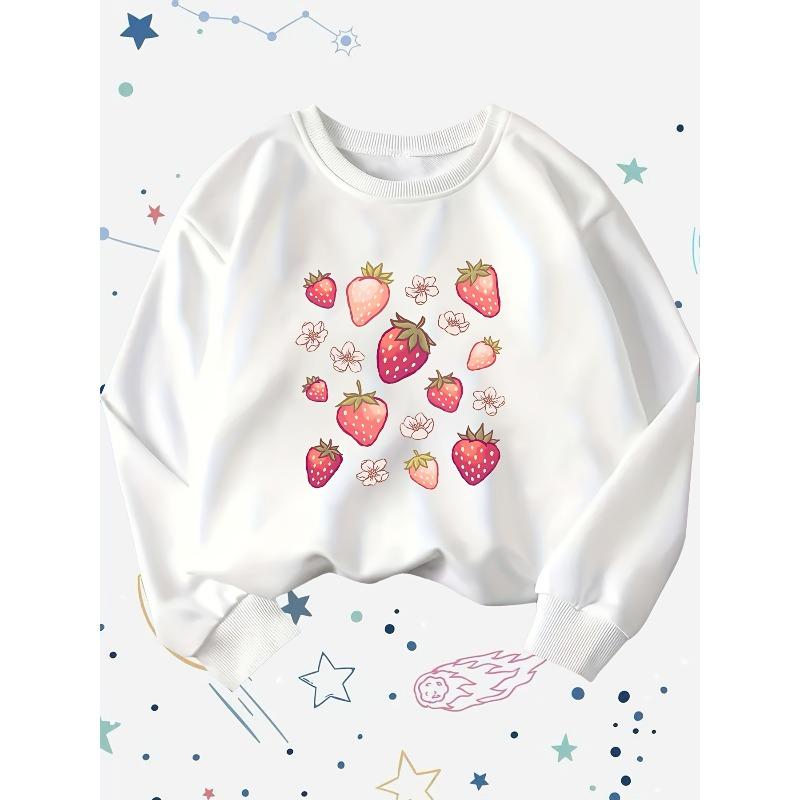 Strawberry and Cherry Pattern Children's Long-sleeved Round-neck Pullover, Suitable for Home, Play, Daily Wear, School, Christmas and Halloween Gifts