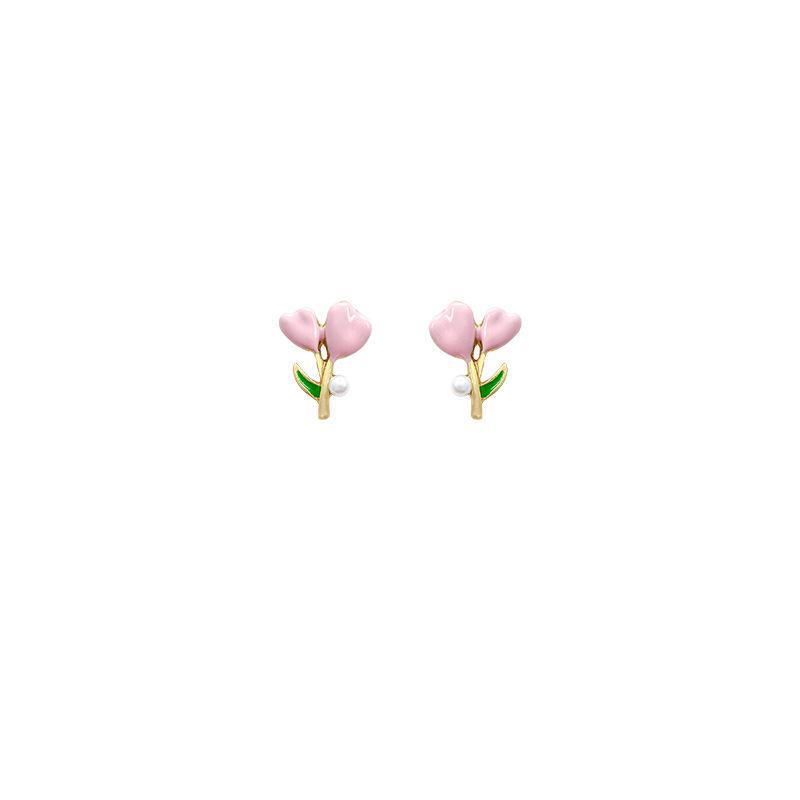 Charming Pink Oil-Drop Tulip Earrings with S925 Silver Posts