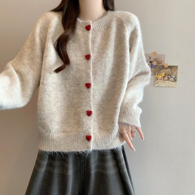 Love Single-breasted Age-reducing Soft Waxy Sweater Jacket Women's Autumn and Winter Loose and Thin Shoulder Sleeves Knitted Top Cardigan