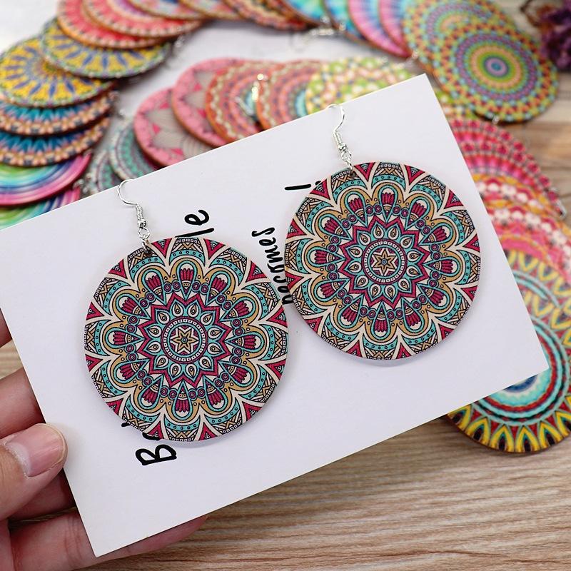 Bohemian vacation style wooden earrings retro personality exaggerated print earrings femininity long earrings