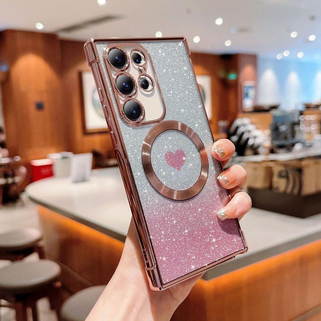 The new product is suitable for S24U magnetic car mobile phone case Samsung S23FE love gradual change glitter protective case S21