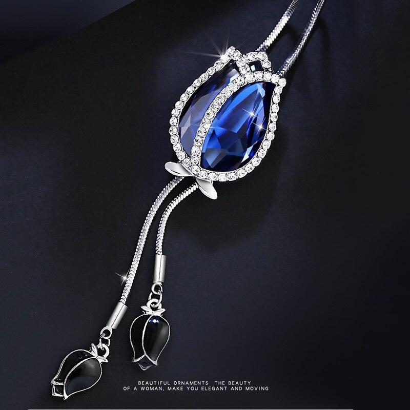 Collares largos y colgantes para mujer, collar de cadena con tulipán azul, suéter llamativo, joyería de cristal plateado a la moda 2021