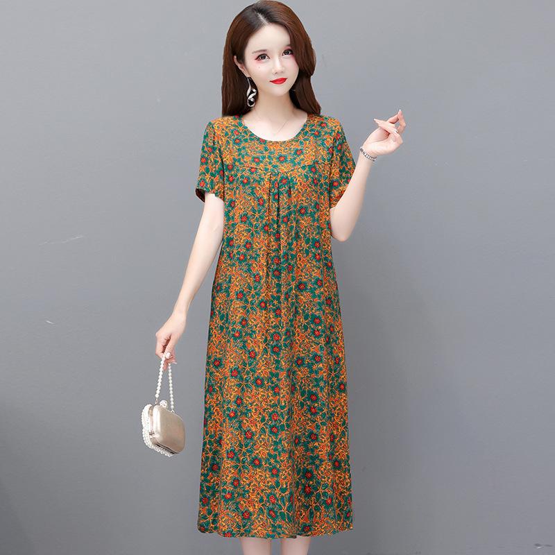 2023 Summer Floral Cotton & Rayon Dress - Stylish, Loose-Fitting, Short Sleeve for Middle-Aged & Elderly Women