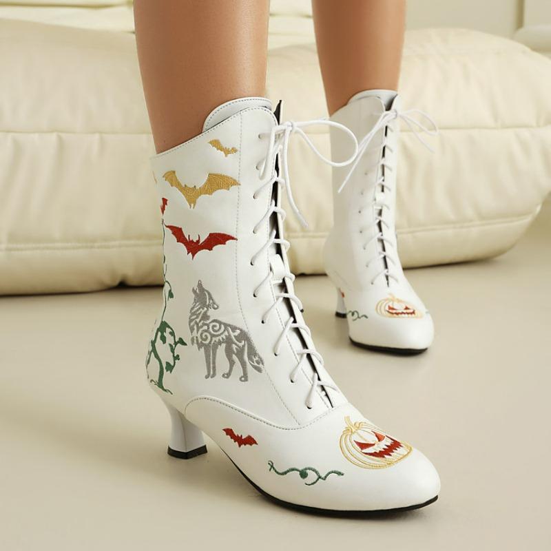 Fashion 2025 New Trend Bat Embroidered Boots Women Vintage Kitten Heels Halloween Cosplay Boots Mid-calf Lace-up Party Shoes 46