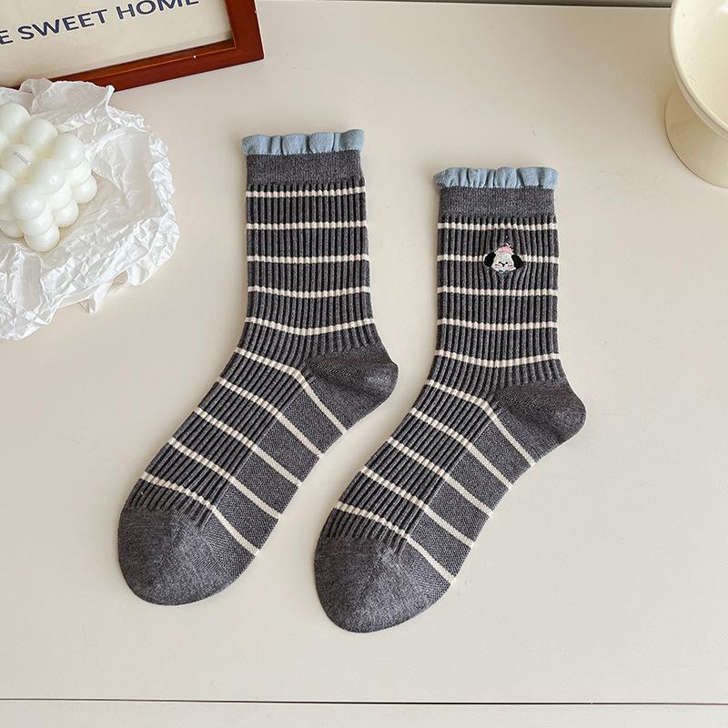 Greyish-blue Striped Women's Mid-calf Socks for Autumn and Winter, Warm, Thick and Cute Lace Trendy Long Calf Socks