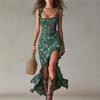 Women Green Floral Print Smocked Midi Dress Ruffle Spaghetti Strap High Split Bodycon Long Dress Summer Beach Vacation Dress