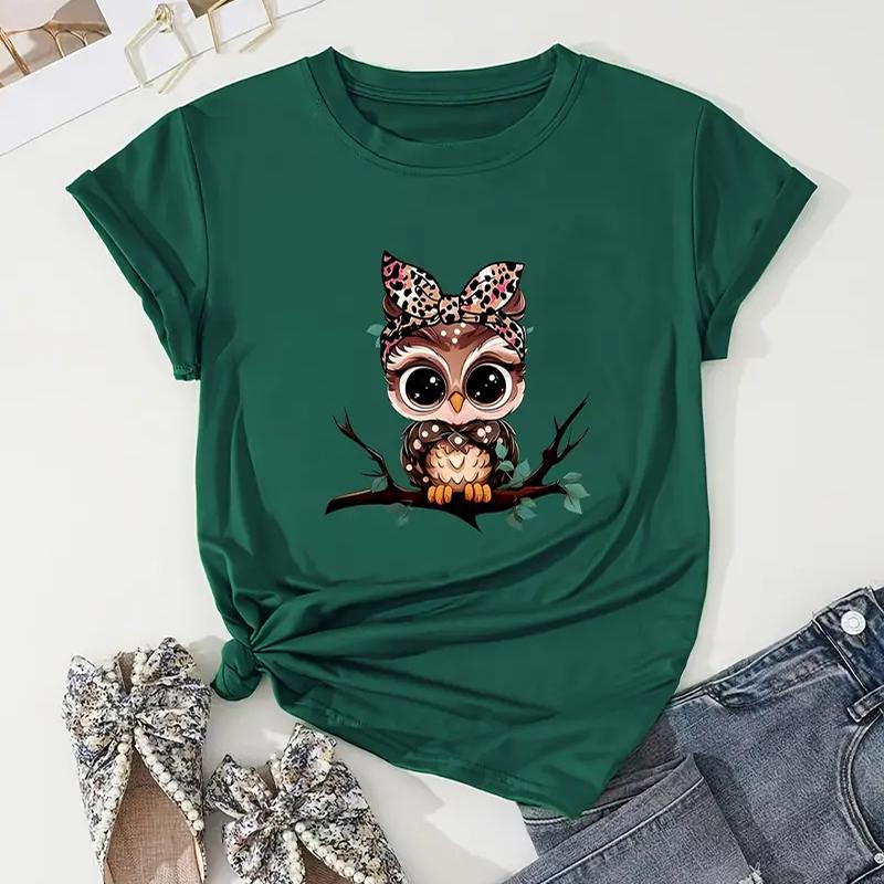 

Женская летняя футболка с принтом милой совы, футболки с коротким рукавом, повседневные топы с принтом 4XL зелёный