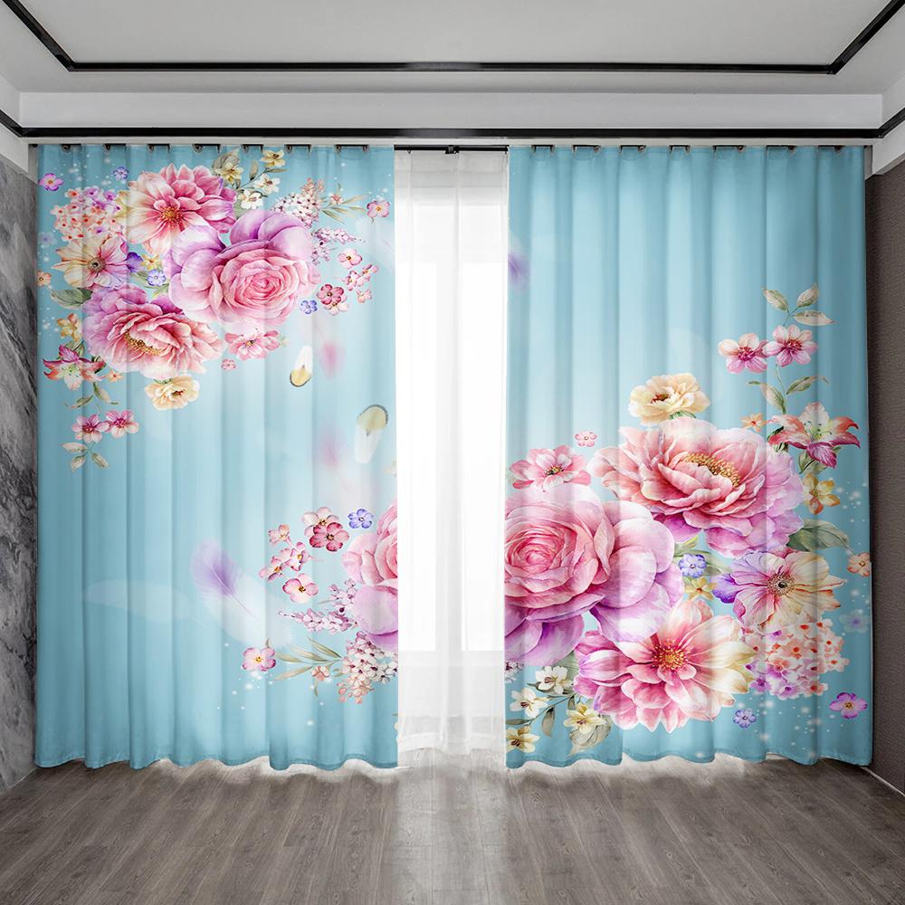 

2 шт. Шторы для украшения дома с диагональным цветком и карманами на штанге, кухня, кофейня, гостиная, балкон, сад 75x166cm&Without mount