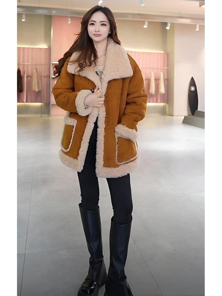Autumn/Winter 2025 Women's Mid-Length Fleece-Lined Lambswool Reversible Fur Coat