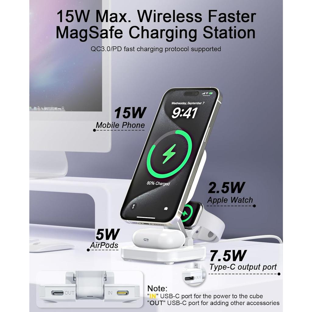 5-in-1 Magnetic Wireless Charging Stand for Apple MagSafe Charger with Night Light for  Watch,  Travel Magnetic Charger Nightstand Charging Station