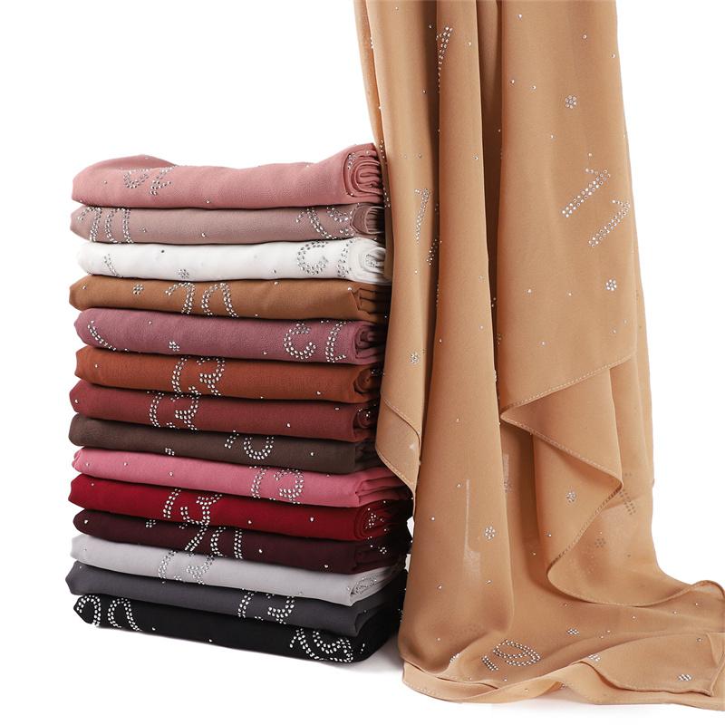 Rhinestone Arabic Numerals Beads Bubble Chiffon Hijab Shawls Women Wrap Elastic Muslim Full Cover Islam Foulards Bonnet Headband