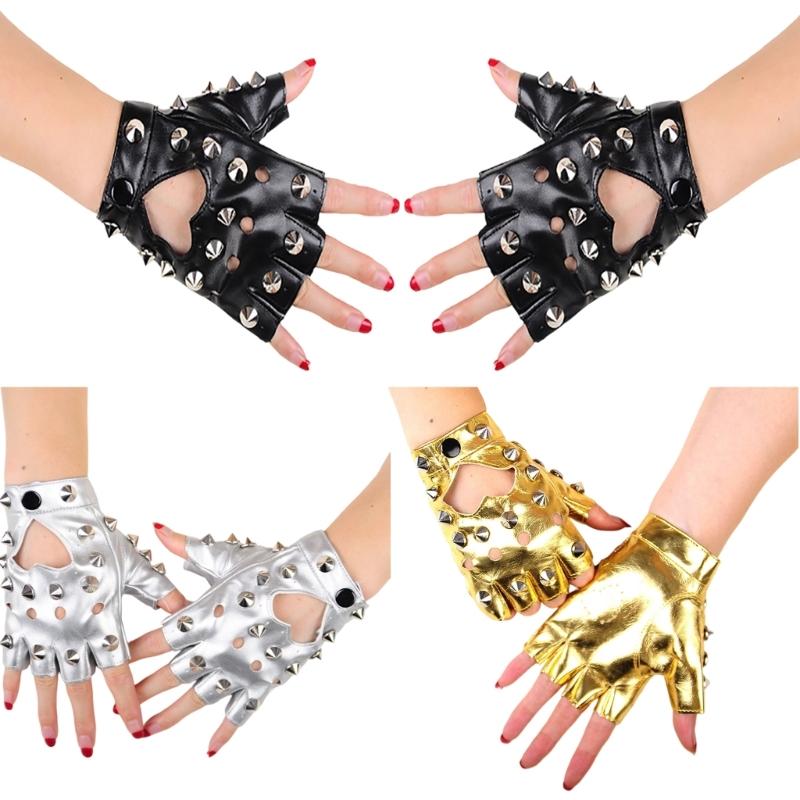 1 Paio di Guanti Punk da Donna a Mezza Dita con Borchie e Rivetti per Spettacoli di Danza e Moda