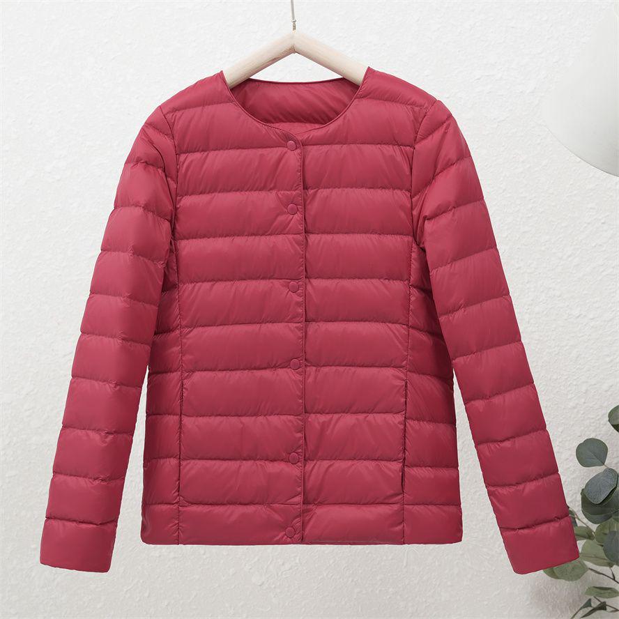 Women's 90% White Duck Down Lightweight Short Jacket - Round Neck, Solid Color, Warm and Collarless for Autumn/Winter