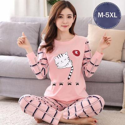 Women's Korean Style Winter Pajamas with Cute Cat Print, Long Sleeve, Loose Fit, M-5XL