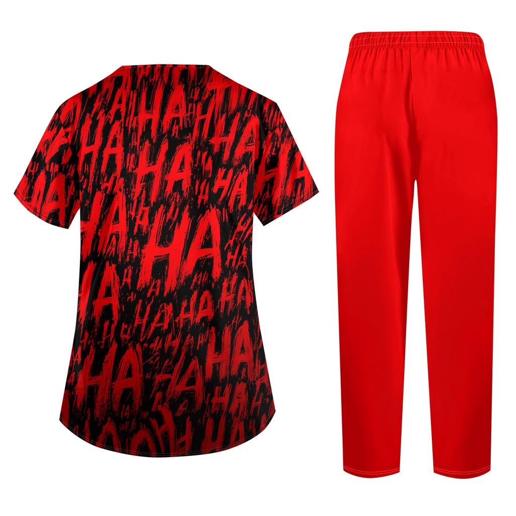 Women's Halloween Print Scrub Set - Short Sleeve Top and Pants with Pockets for Work