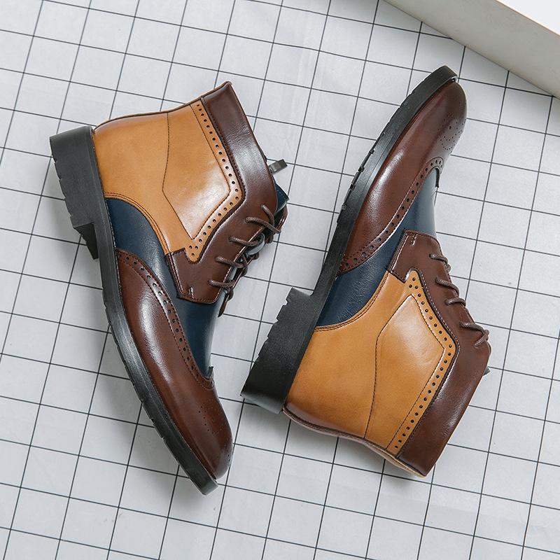 Men's Autumn Plus Size Colorblock Pointed Toe Leather Ankle Boots - Formal/Casual High-Top with Zipper