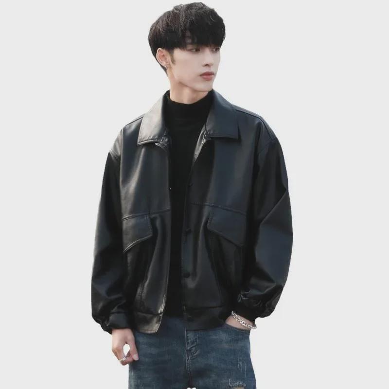 Trendige Herren-Motorrad-Pilotenjacke aus Leder im koreanischen Stil – lockere Passform, Frühlings-/Herbstmode