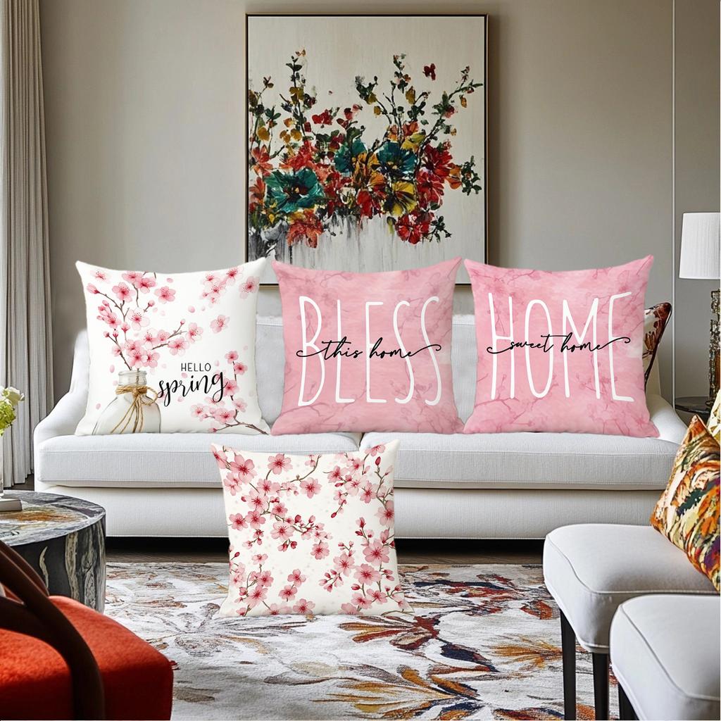 4er-Pack Frühling Kissenbezüge 45x45cm Zartrosa & Weiß: Segne dieses Haus, Hallo Frühling, Süße Zuhause Zitate + Sakura Blumenkunst