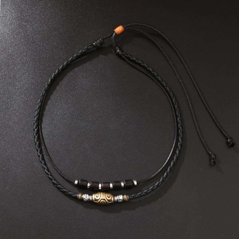 Dzi Bead Navy Blue Retro Necklace Personalized Woven Wax Rope Antique Pendant Collarbone Chain Punk Trendy Men's Jewelry