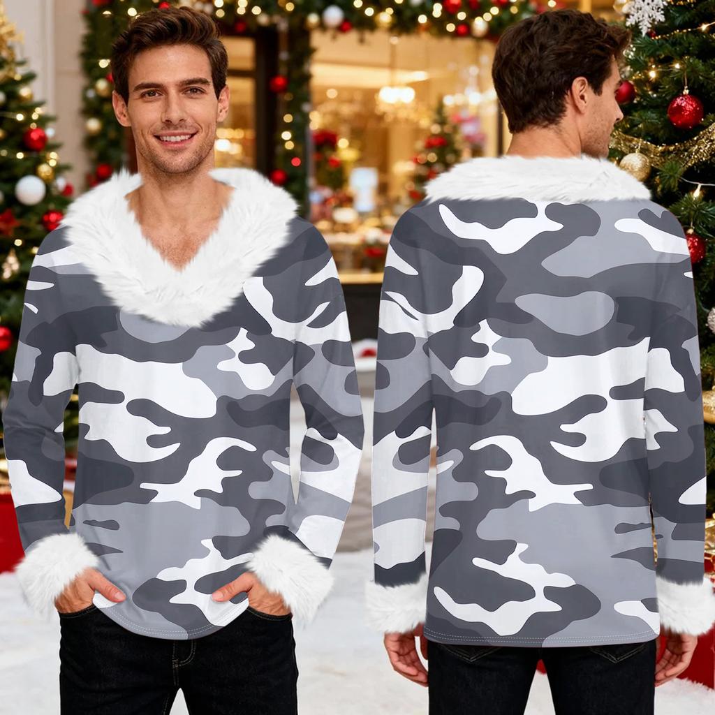 Men's Christmas Printed Fleece Lined Hoodie | Faux Trim Party Sweatshirt With Pocket | Plus Size Loose Fit Holiday Pullover