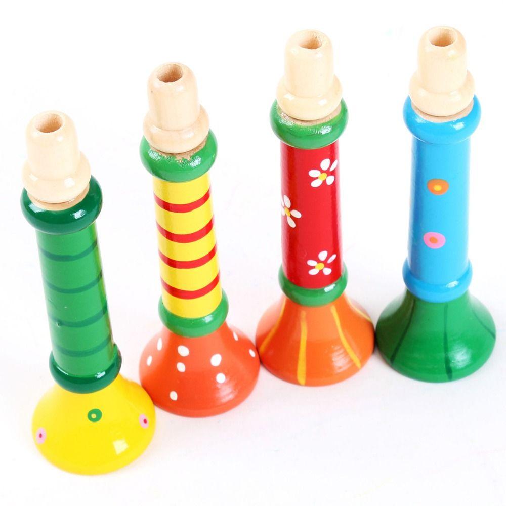 Montessori Wooden Trumpet Sound Training Games Random Color Whistle Musical Instrument Early Educational Cartoon