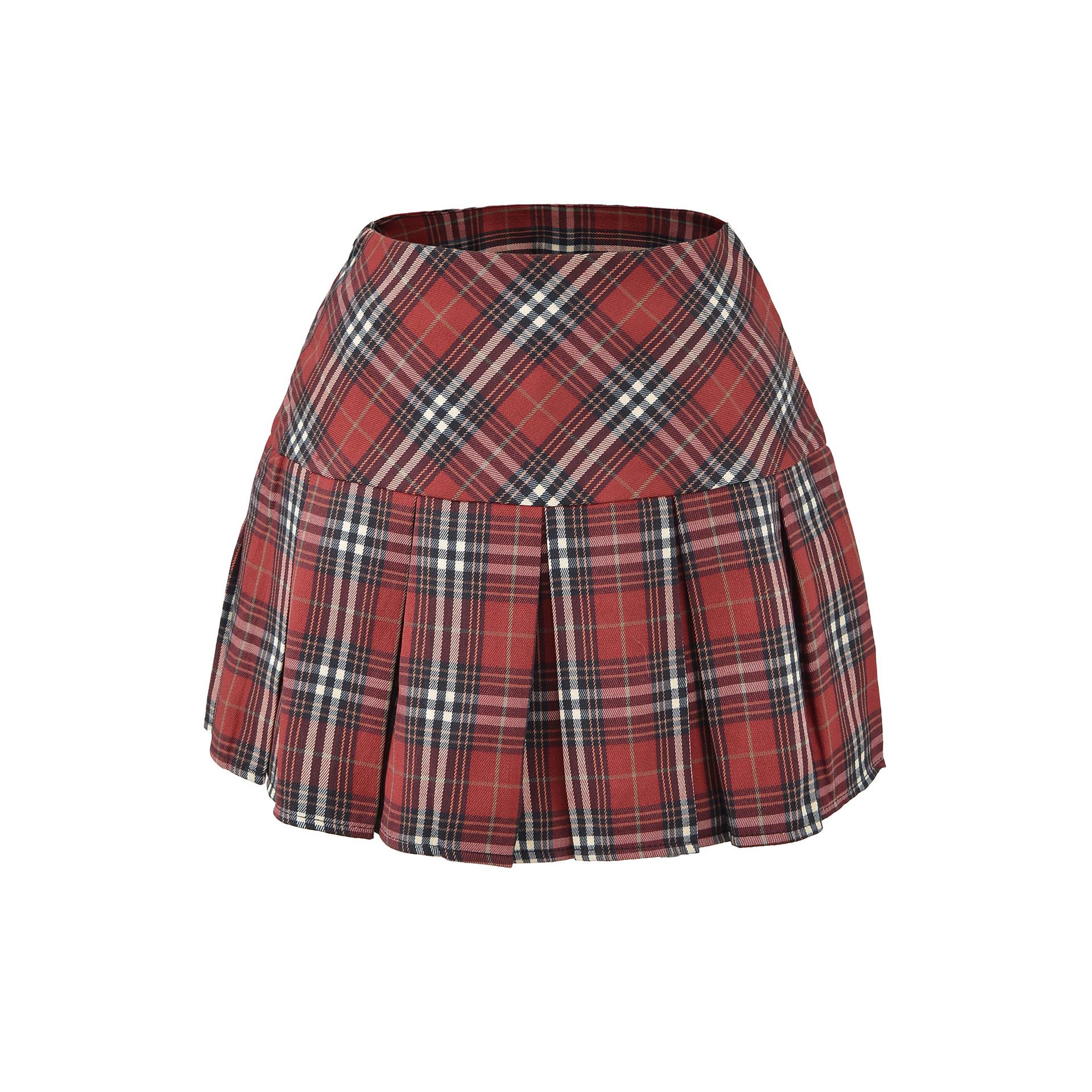 Plaid High-Waisted Pleated Skirt - 2026 Spring Arrival, Women s College Style Large