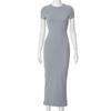 QICED Women Fashion Solid Color Round Neck Slim Short-sleeved Dress