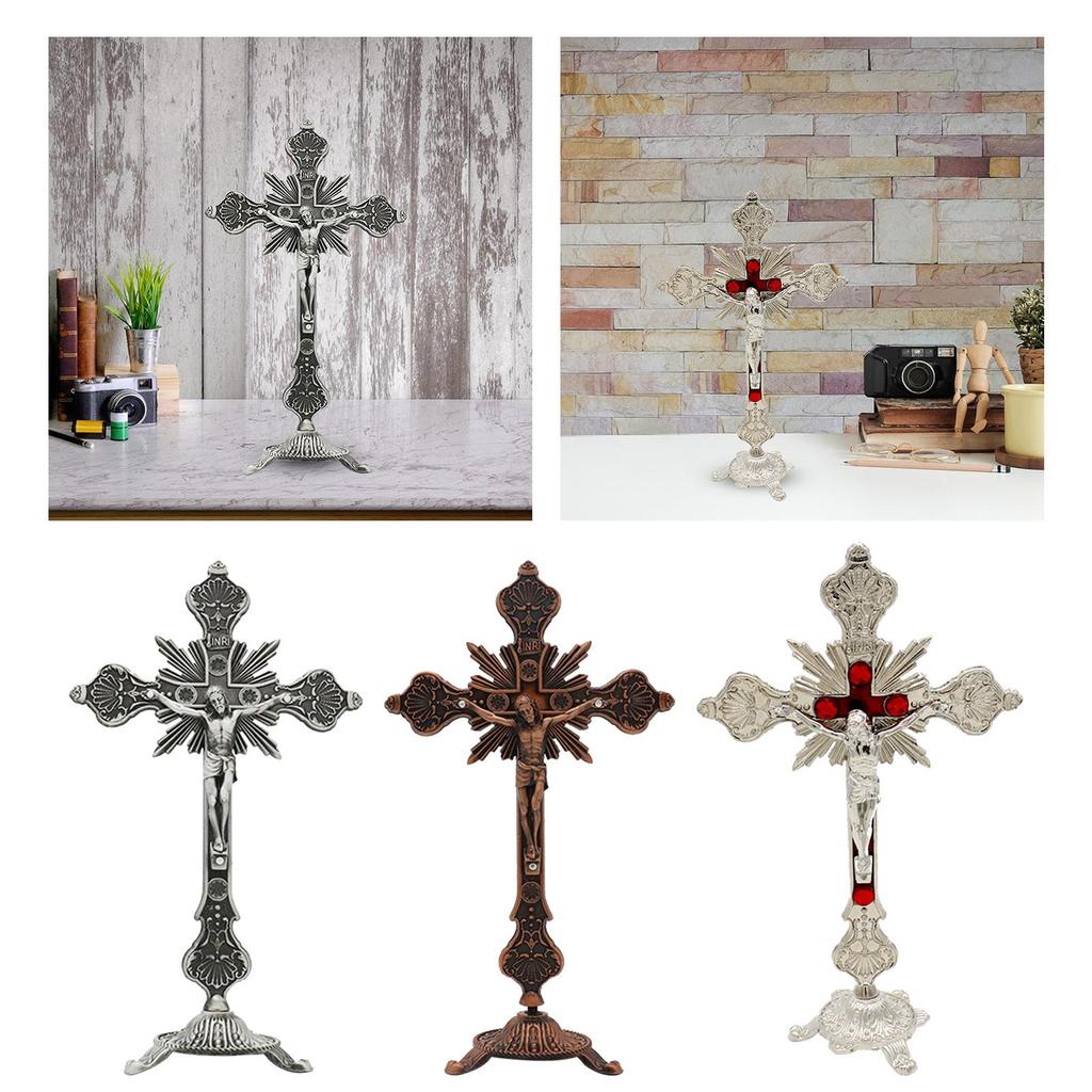 Standing Crucifix Catholic Small Religious Decorative Metal 10 Inches Crucifix with Stand for Altar Shelf Home Tabletop Ornament