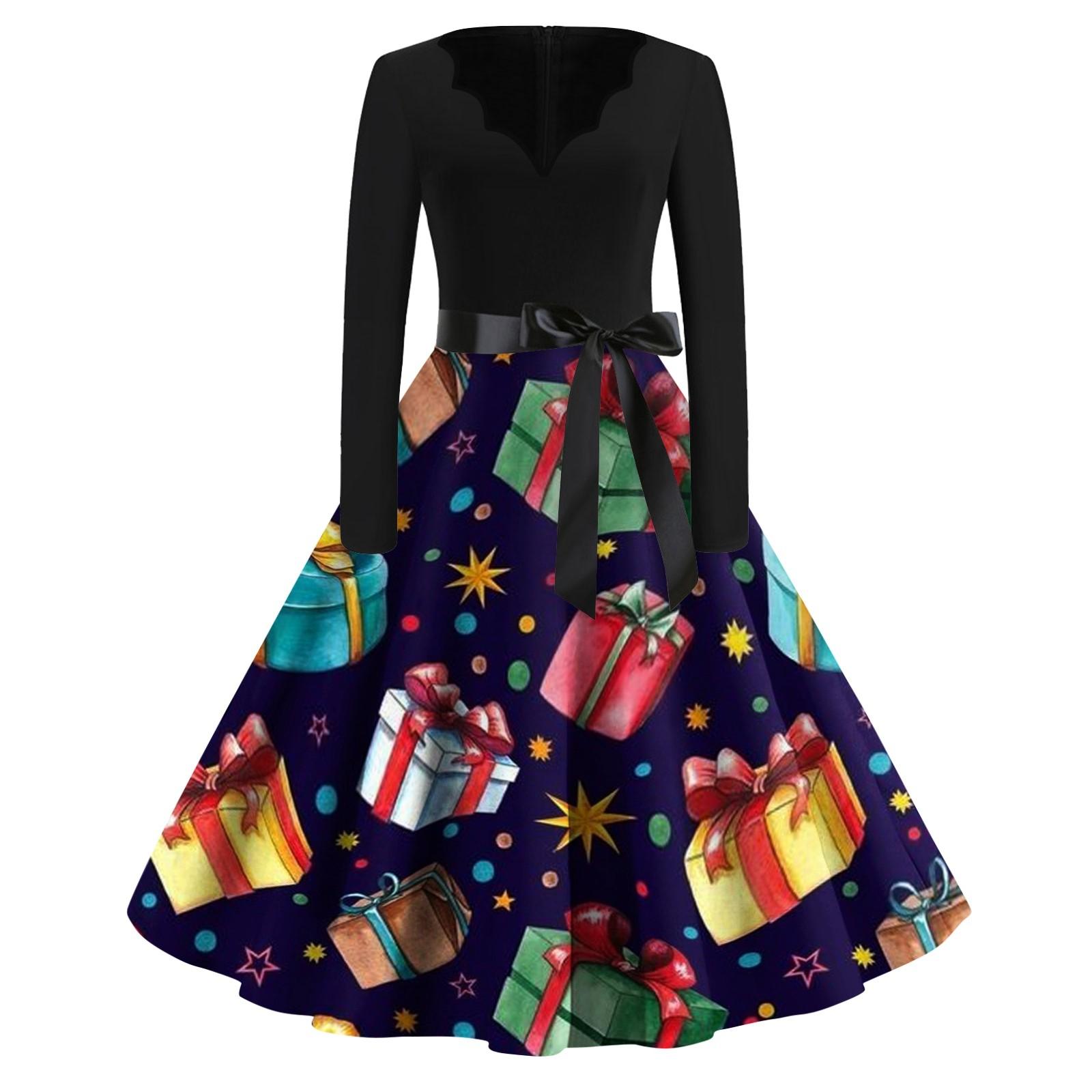 

Жіночі модні повсякденні тонкі різдвяні сукні з довгими рукавами з принтом і V-подібним вирізом XL