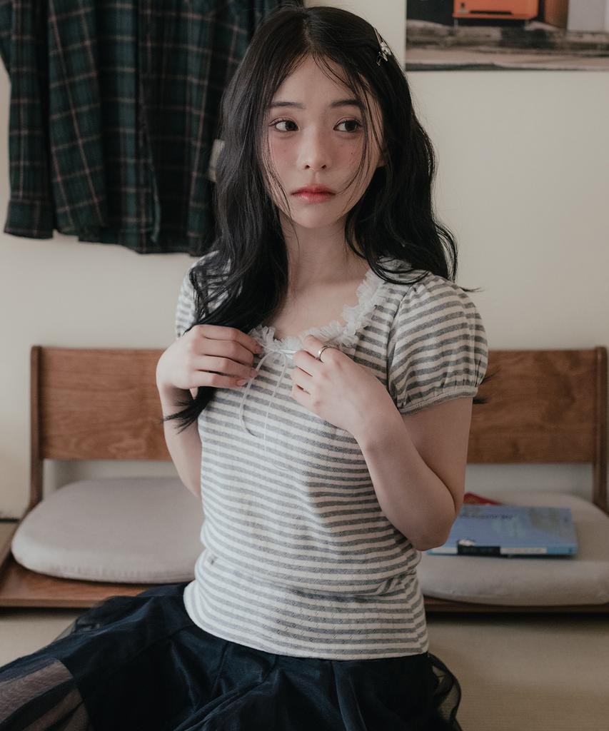HIGH SCHOOL DISCO Lace Stripe Short Sleeve_Melange Gray