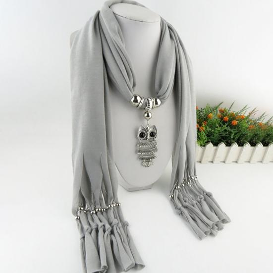 Langer Fransen-Schal für Damen, einfarbig, Retro-Eulen-Anhänger-Halskette, Schal, Kostüm-Accessoires