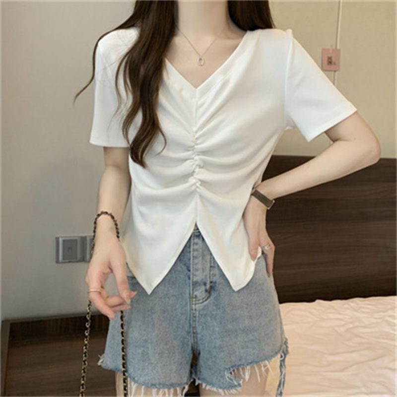 

Hotsweet Американский стиль Летняя женская одежда Однотонные футболки V-образный вырез Плиссированные Модные Повседневные Молодежные Стильные Приталенные Топы с коротким рукавом L белый