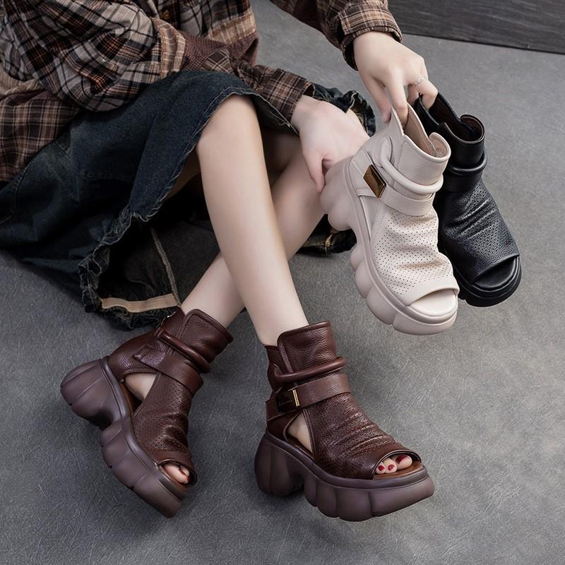 Johnature Thick Sole Height Increasing Retro Hollow-out Peep Toe Roman Sandals Versatile Women's Platform Shoes