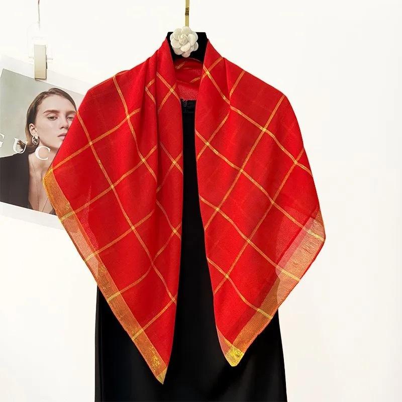 Women S Gold Line Plaid Square Scarf 90x90cm Elegant Shawl For Autumn Winter