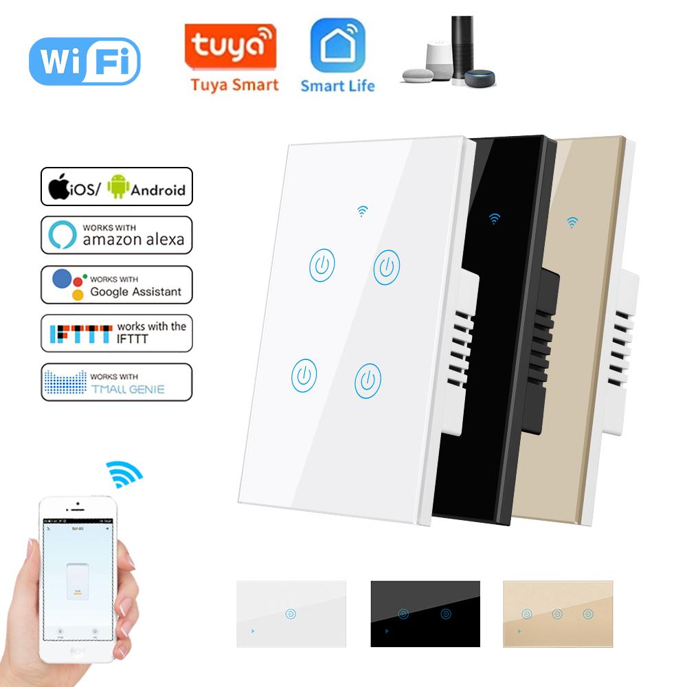 Tuya WiFi Smart Touch Wall Switch 1/2/3/4 Gang Without Neutral Line Alexa Google Home Remote 100v 240v US/AU Standard 10a Max