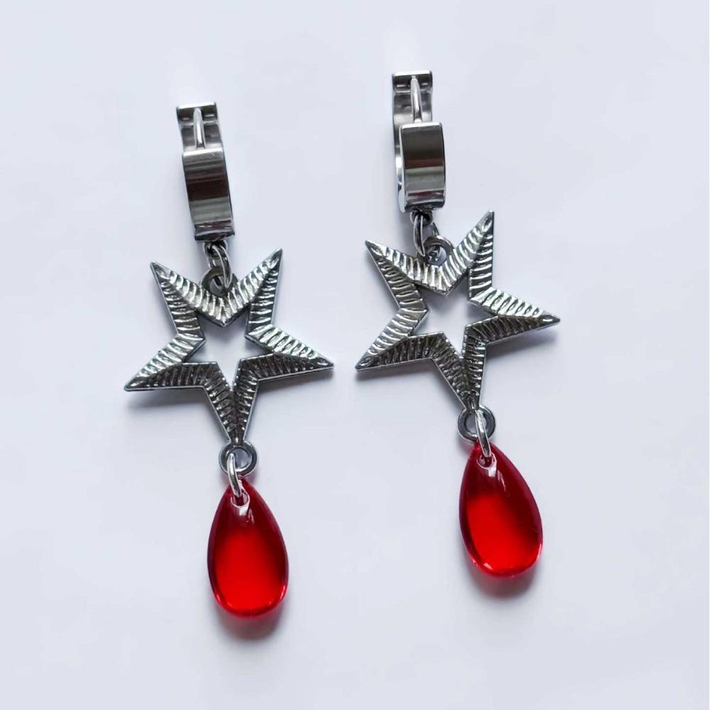 Mysterious Gothic Sliver Color Hollowed-out Five-pointed Star Red Teardrop Glass Crystal Pendant Hoop Earrings for Women Jewelry