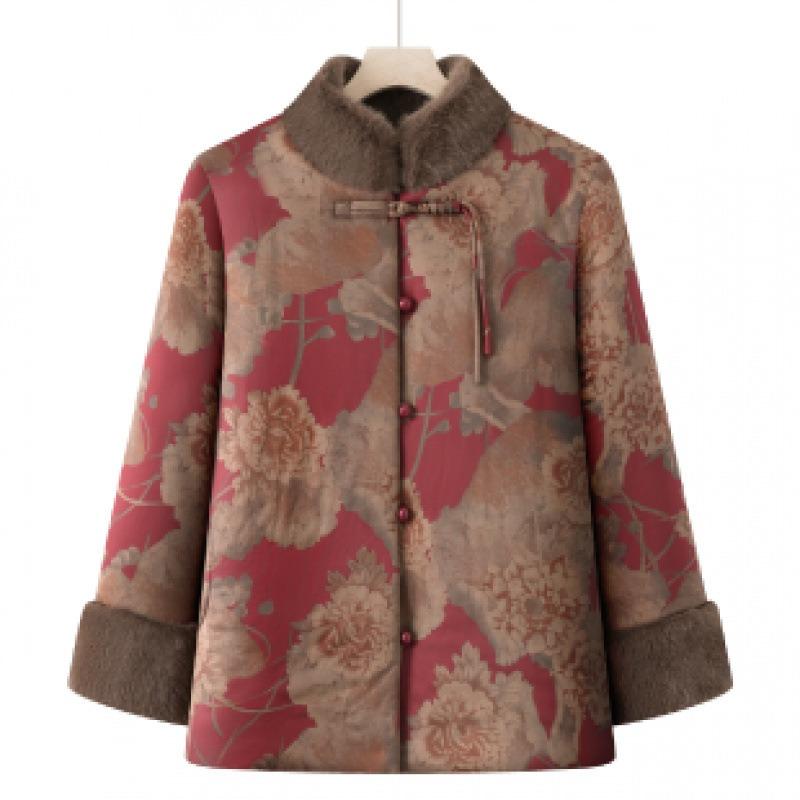 Middle-aged and Elderly Padded Jacket with Velvet Winter Clothing Thickened Padded Jacket Warm Padded Jacket Women