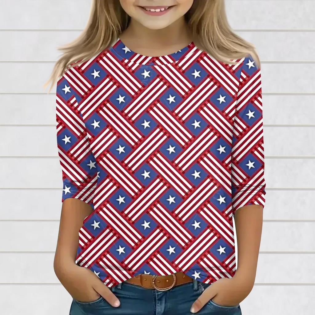 Print Tops For Youth Girls 3-10 Years Round Neck 3/4 Sleeves T-Shirts Trendy Tops Outfit Tees