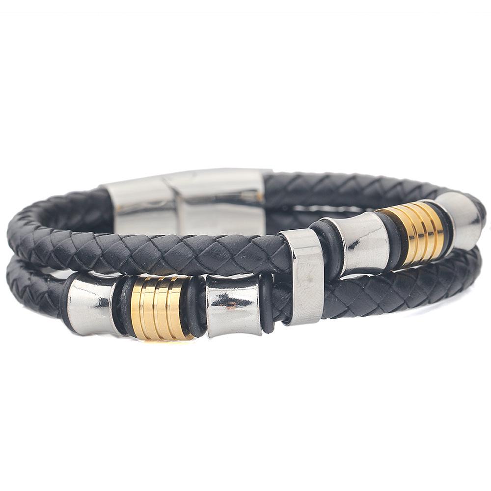 15mm European & American Double-Layer Woven Leather Bracelet with Gold-Inlaid Titanium Steel