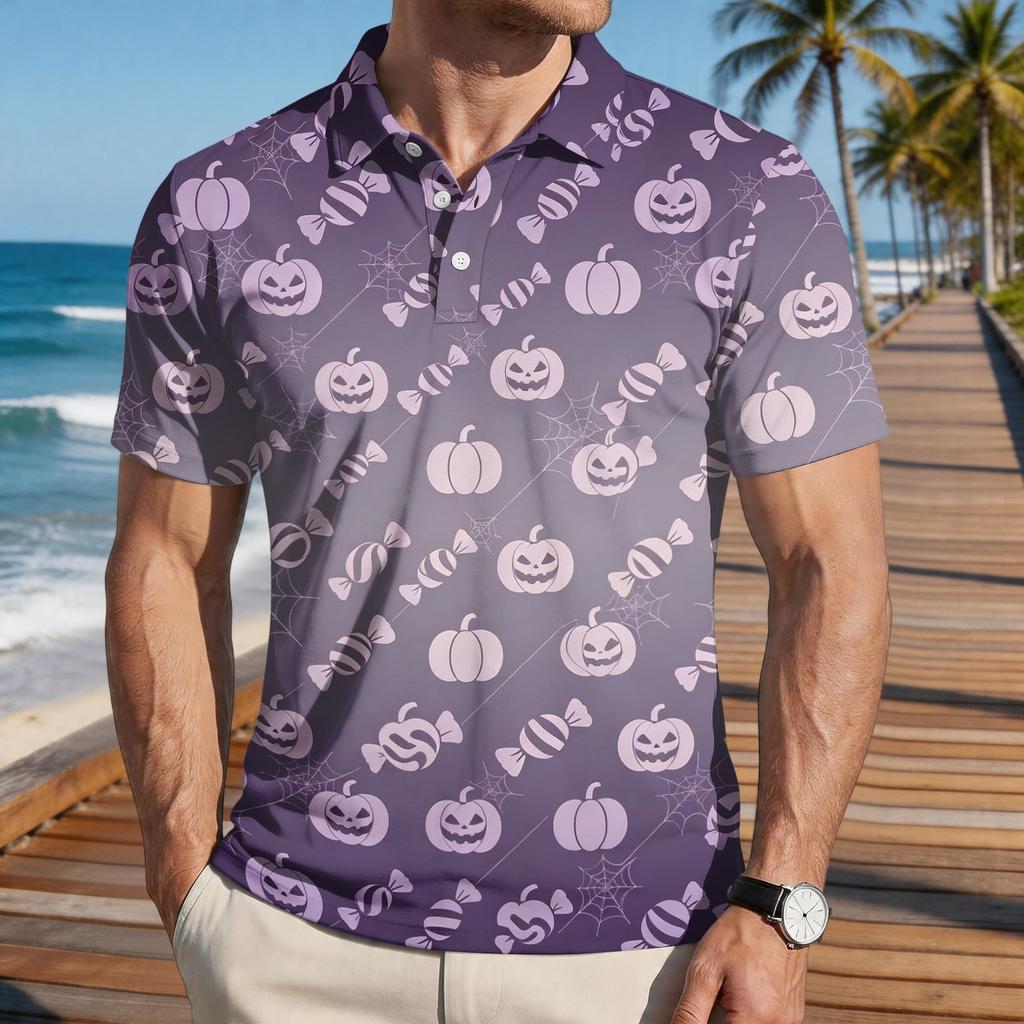 Men Halloween Print Casual Short Sleeve Shirt with Pumpkin Bat and Leaf Patterns Lightweight Button Down Top