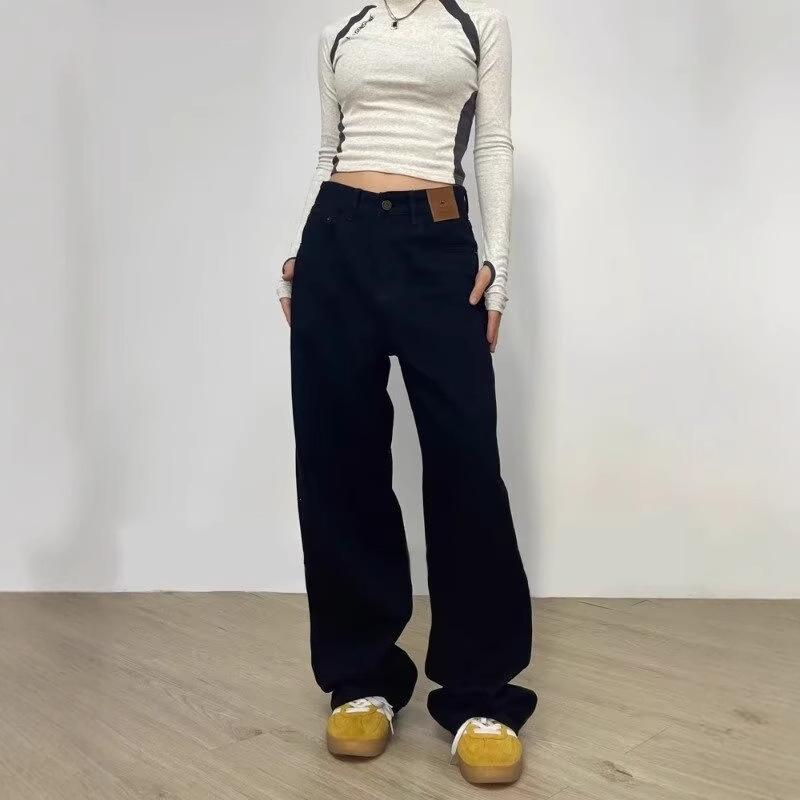 Women's High-Waist Black Straight-Leg Jeans: Casual, Slimming, Wide-Leg Pants for an American High Street Look