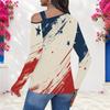 Women Plus Size Asymmetric Cutout Neck Cold Shoulder Long Sleeve Eagle Star Stripe Print Shirt