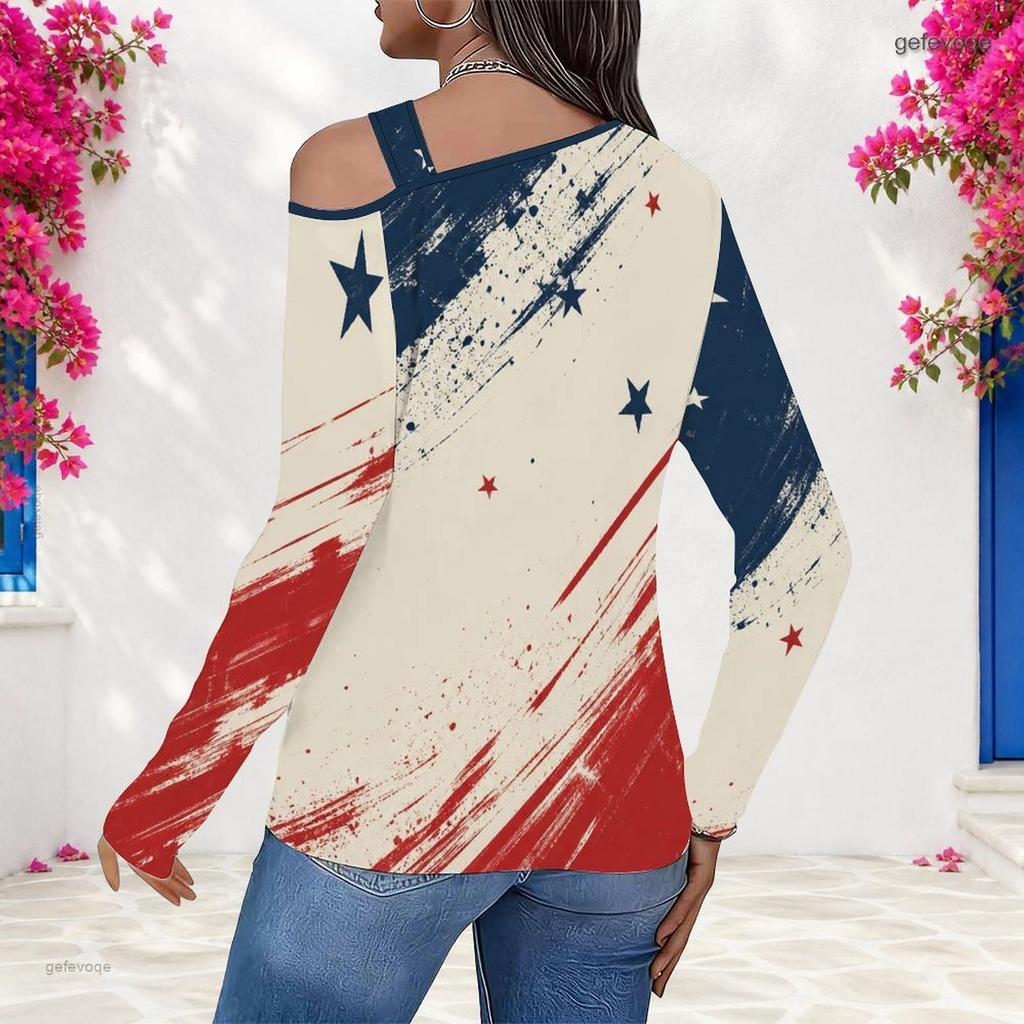Women Plus Size Asymmetric Cutout Neck Cold Shoulder Long Sleeve Eagle Star Stripe Print Shirt